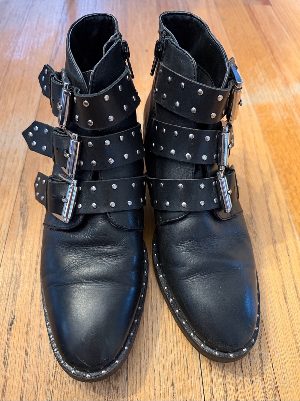 ASOS Black Studded Multi-Buckle Moto Ankle Boots Silver Hardware Edgy